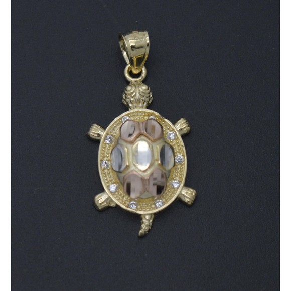 Real 10K Solid Tri-color Gold Shiny Turtle CZ Stones Charm Pendant 2.9 grams